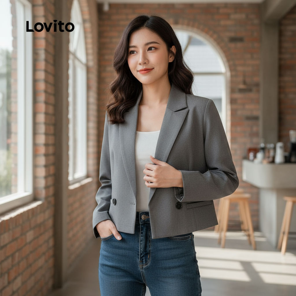 Lovito Blazer Casual Botão para Mulheres Cinza Outono Inverno L156AD241 em Oferta na Shopee