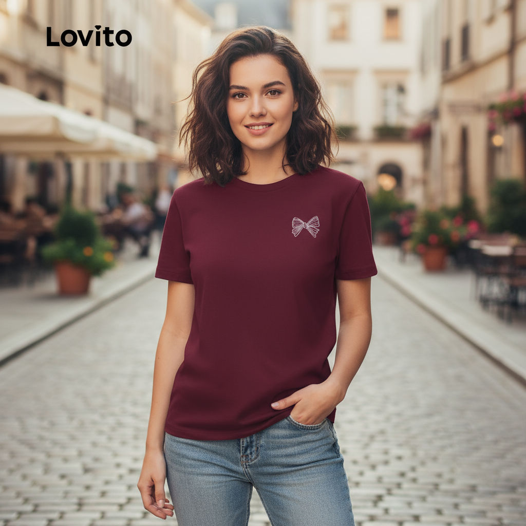 Lovito Blusa Feminina Bordada Primavera Verão Claret Casual L154ED016 em Oferta na Shopee