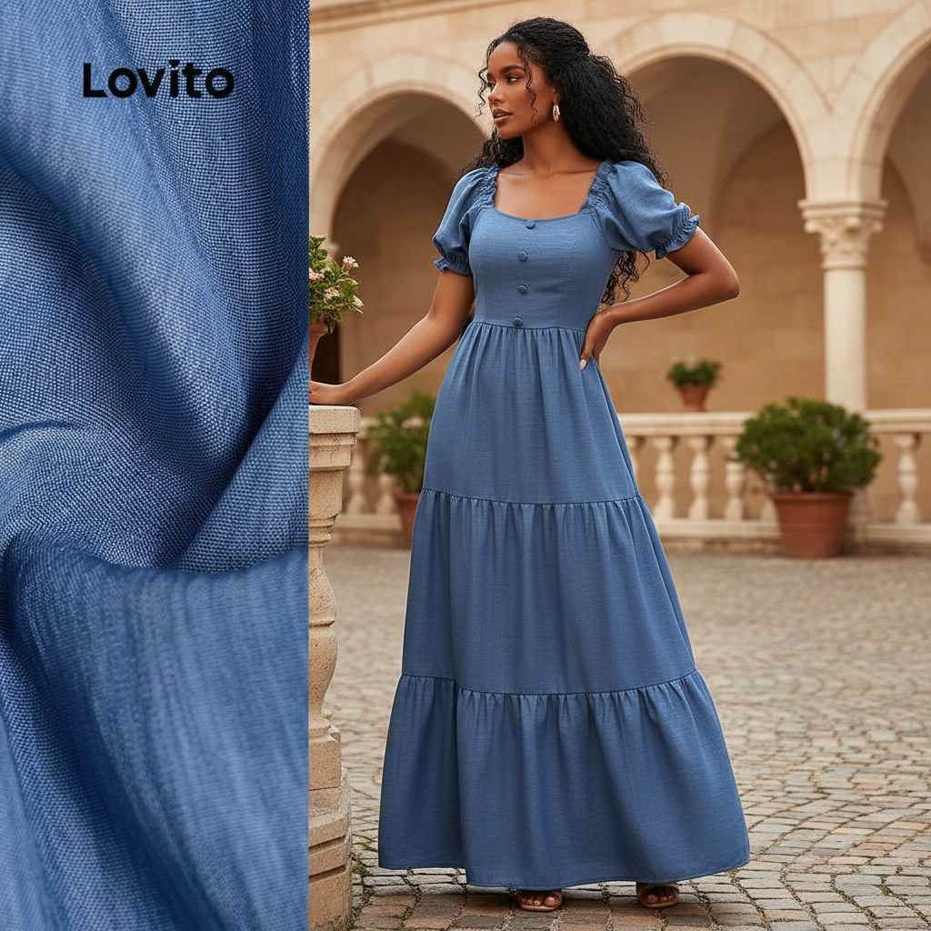 Lovito Vestido Feminino Azul com Botões e Camadas para Primavera Verão Vestido Evangélico LBL29096 em Oferta na Shopee