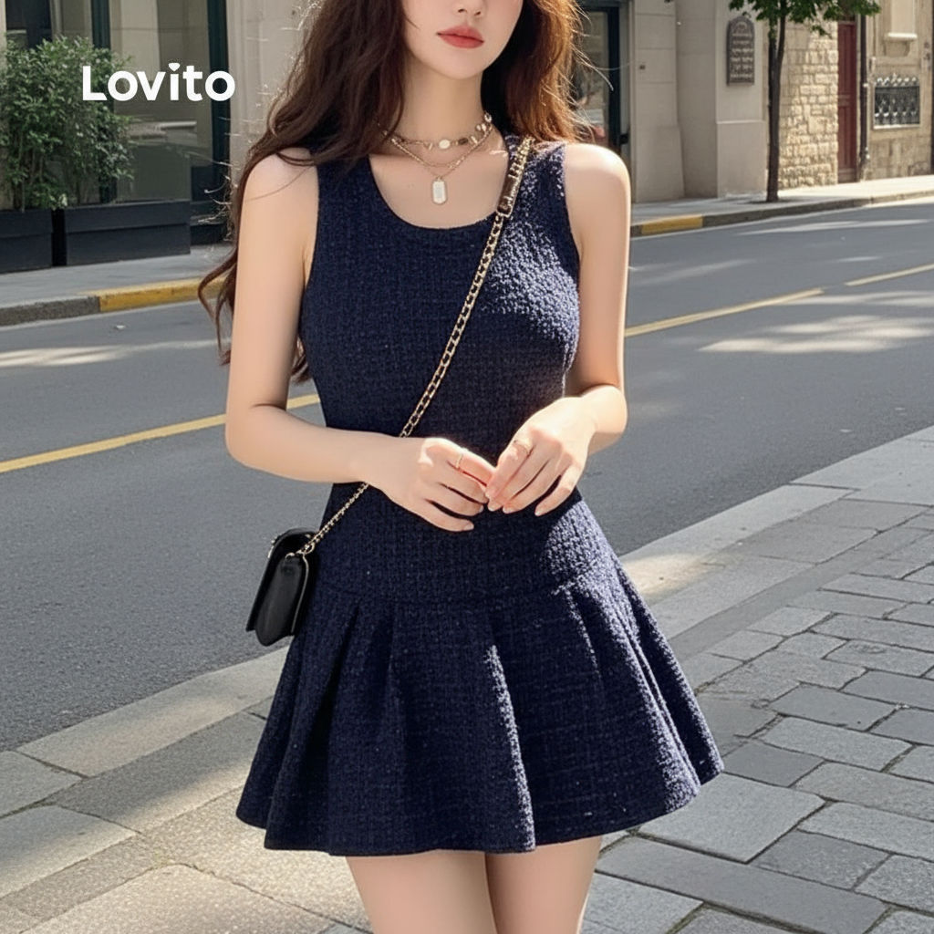 Lovito Vestido Elegante com Zíper Xadrez Azul Marinho para mulheres L154LD023