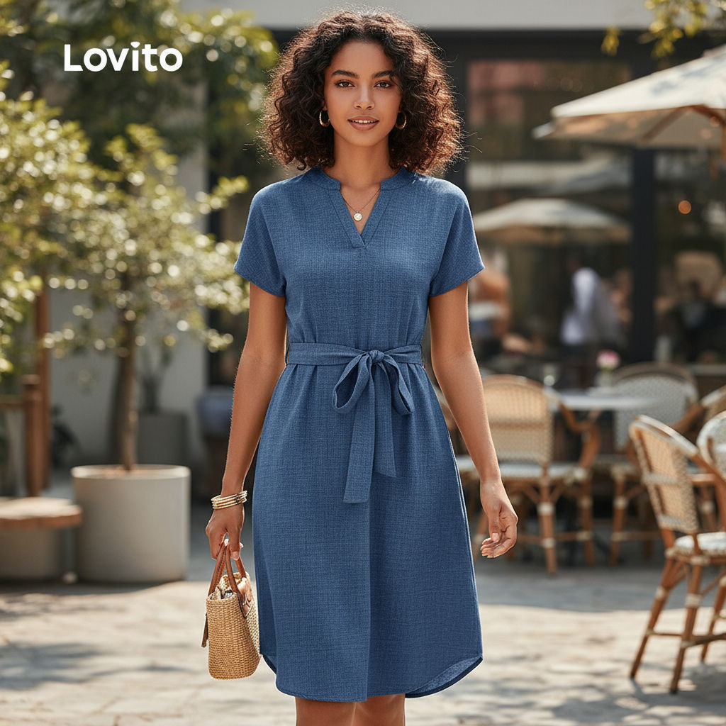 Lovito Vestido Feminino Azul com Cinto para Primavera e Verão LBL29086