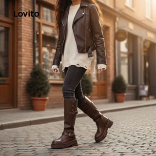 Lovito Botas Casuais Femininas com Plataforma Retrô para Todas as Estações em Preto LFA86075 em Oferta na Shopee