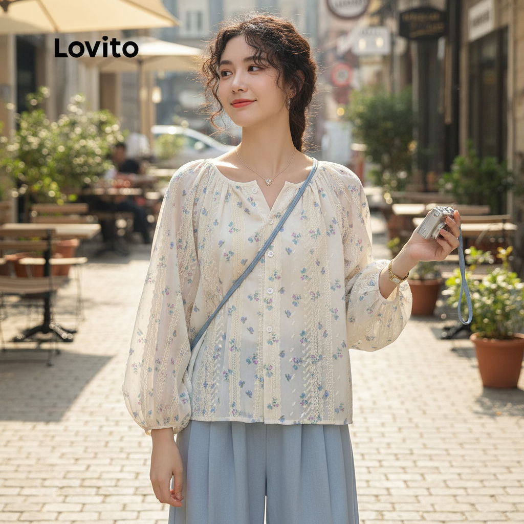 Lovito Blusa Feminina Bordada Floral Primavera Verão L102AD092