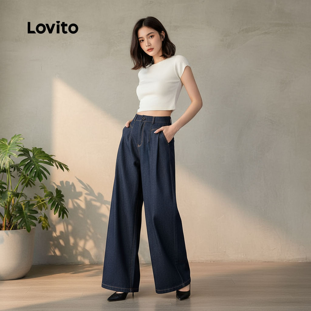 Lovito Calça Feminina com Modelagem Estruturada e Textura Macia Calça Azul Escuro para Todas as Estações LBL26017 em Oferta na Shopee