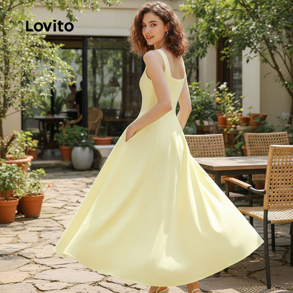 Lovito Vestido Feminino Casual De Natal Com Zíper, Toque Macio, Primavera/verão, Amarelo Para Mulheres LB134LD416