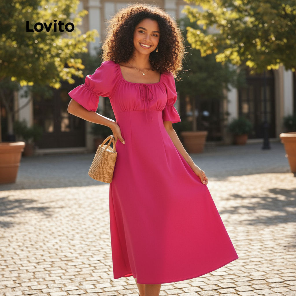 Lovito Vestido Sofisticado com Laço Franzido Tecido Leve Estação Primavera/verão Rosa Claro L137LD031 em Oferta na Shopee