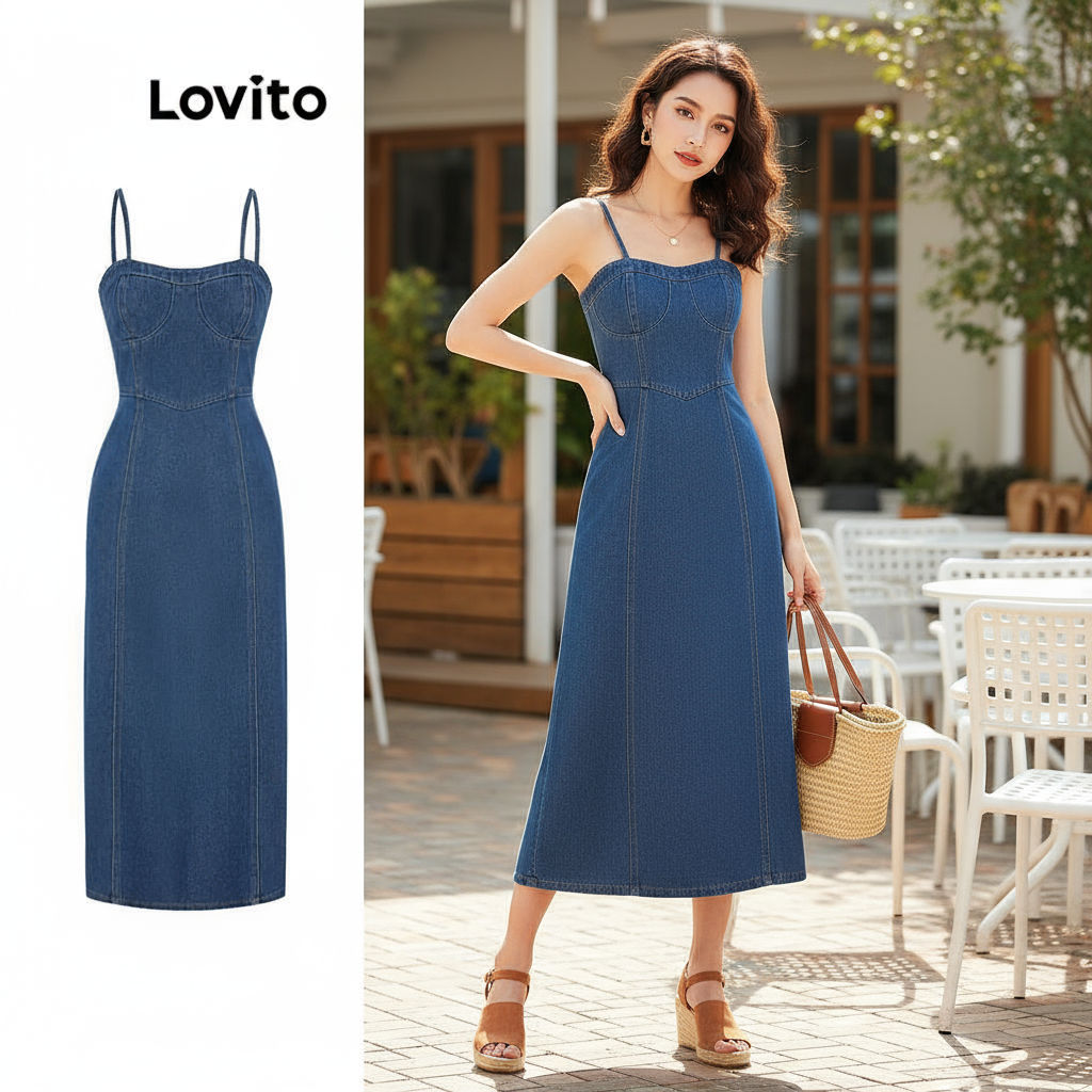 Lovito Refine Vestido Casual Jeans Liso Alça Espaguete Evasê Midi Feminino Azul L47ED150 em Oferta na Shopee