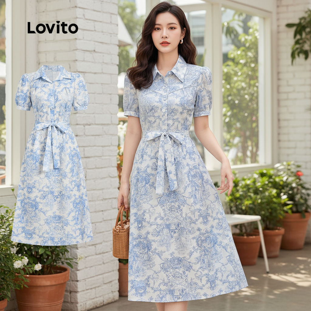 Lovito Refine Vestido Feminino Azul Claro Primavera Verão Com Botões Dianteiros E Estrutura Artesanal L134LD352 em Oferta na Shopee
