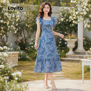 Lovito Refine Vestido Azul Casual Primavera Verão com Renda Laço e Babado Boa Textura LBL26329 em Oferta na Shopee