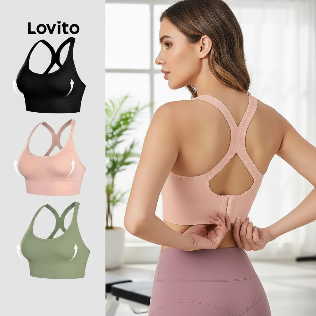 Lovito Sutiã Esportivo Confortável Elevação 4 Vias Elástico Frente com Botão LNE120010 em Oferta na Shopee