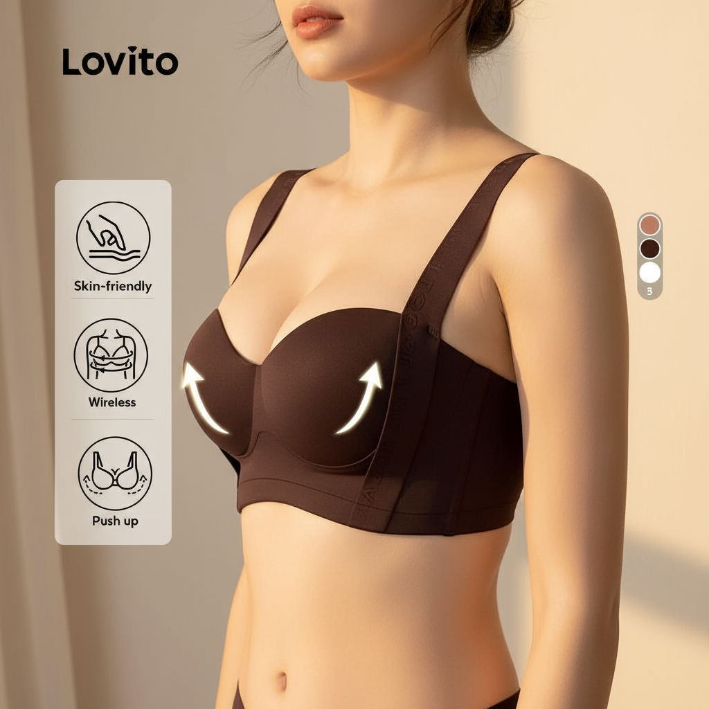 Lovito Sutiã Feminino Sofisticado Copo 3D Antideslizante Ajustável Sem Arame Push Up Confortável LNE121187 em Oferta na Shopee