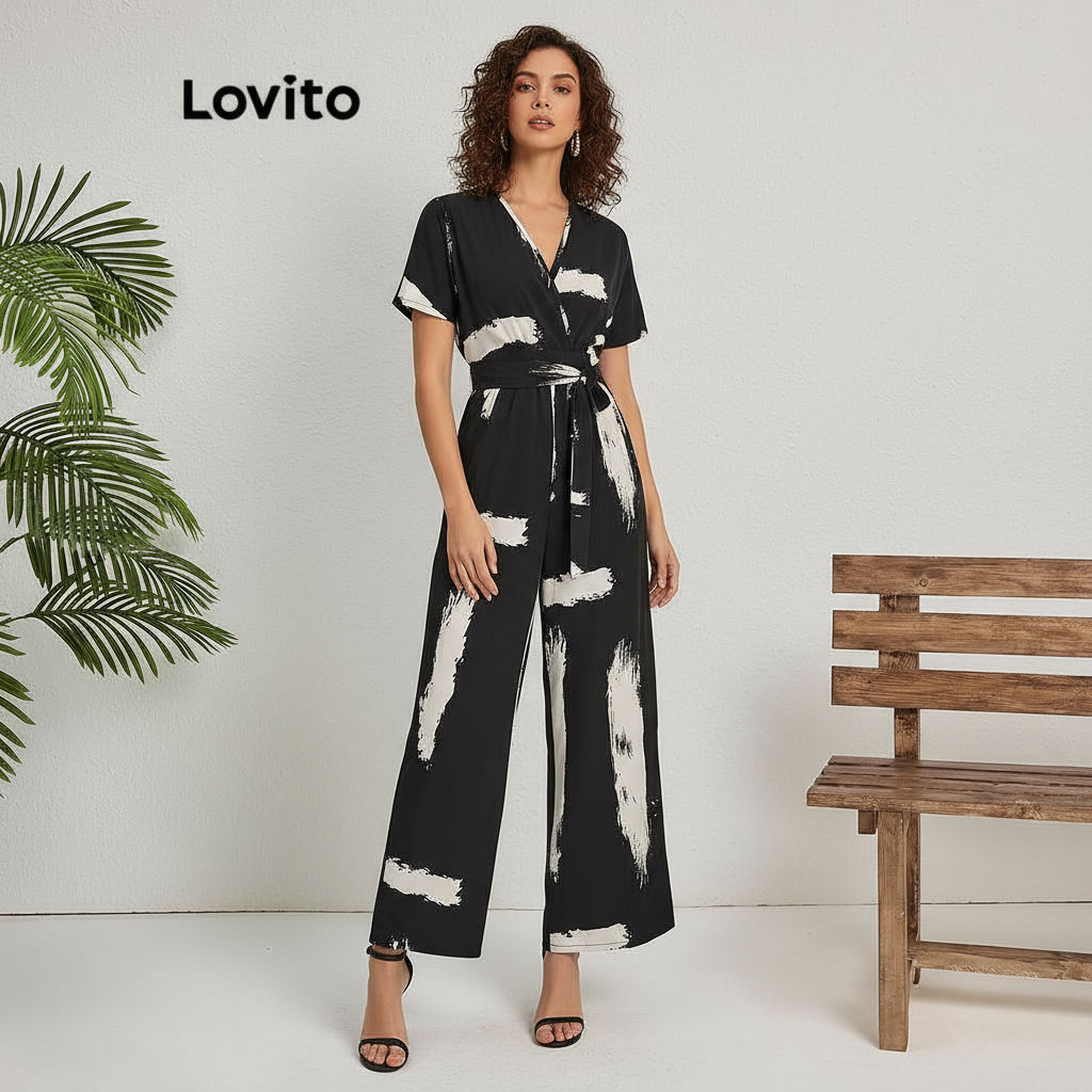 Lovito Macacão casual com padrão geométrico smocked feminino LBL18272 em Oferta na Shopee