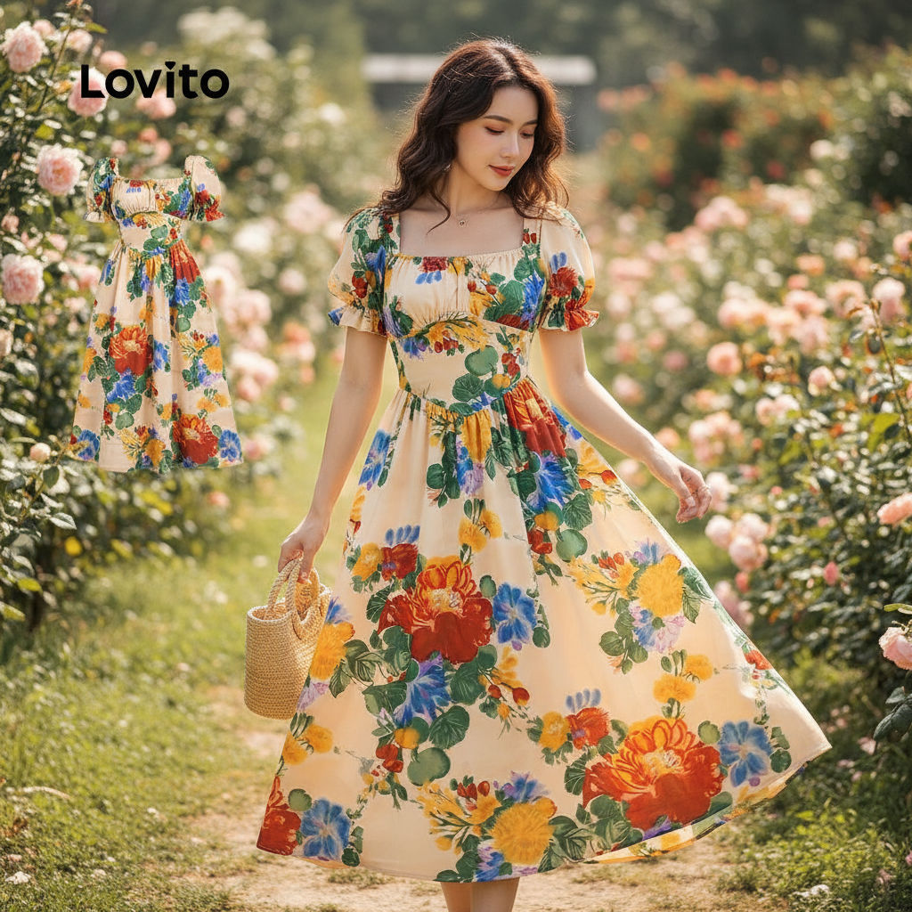 Lovito Vestido Floral Feminino Multicolorido Primavera/Verão Estrutura Cruzada L134LD202 em Oferta na Shopee