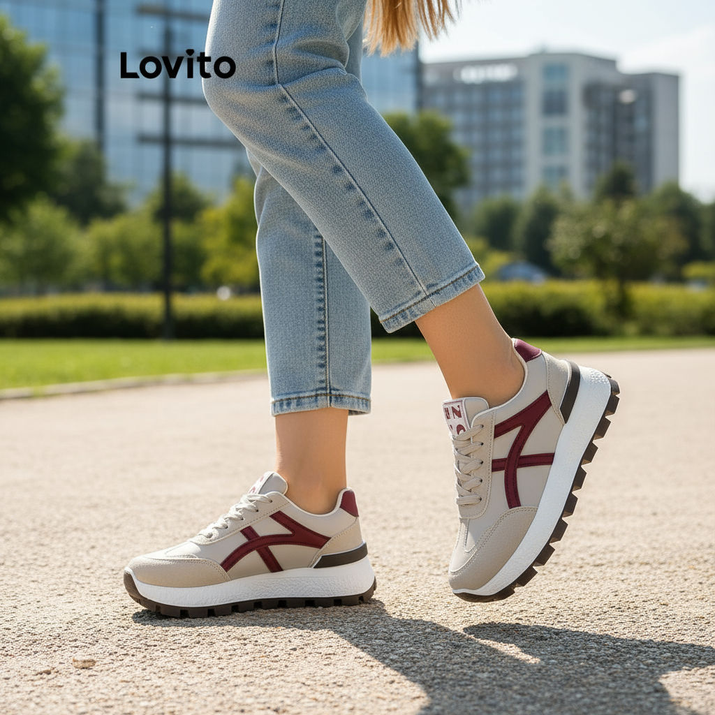 Lovito Tênis de Corrida Feminino Retro com Sola Grossa e Superfície de Couro LFA65293