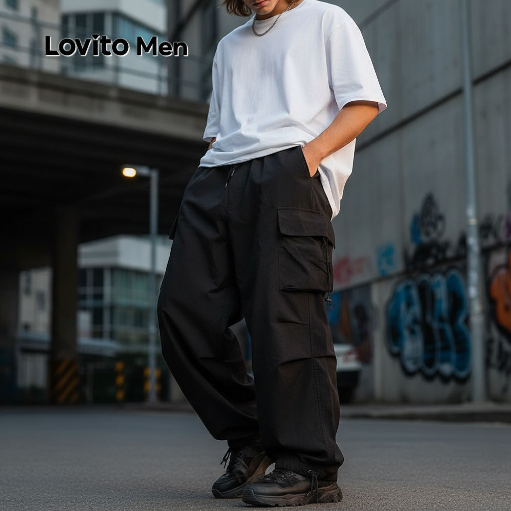 Lovito Estrutura de Bolso de Carga Casual com Linha de Amarração para Todas As Estações em Preto Cargo LNE118052 em Oferta na Shopee