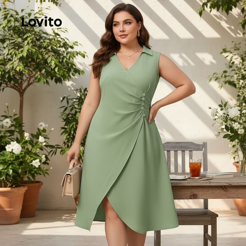 Lovito Vestido Plus Size Curva Casual Liso Plissado Botão Primavera Verão Verde Feminino LNE1032X100 em Oferta na Shopee