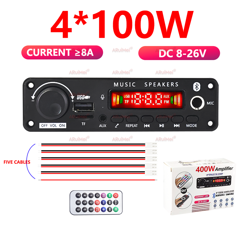  Placa amplificadora profissional 400W 4 canais Bluetooth 5.3 MP3 4*100W alta potência 8V-26V ampla tensão reprodução
