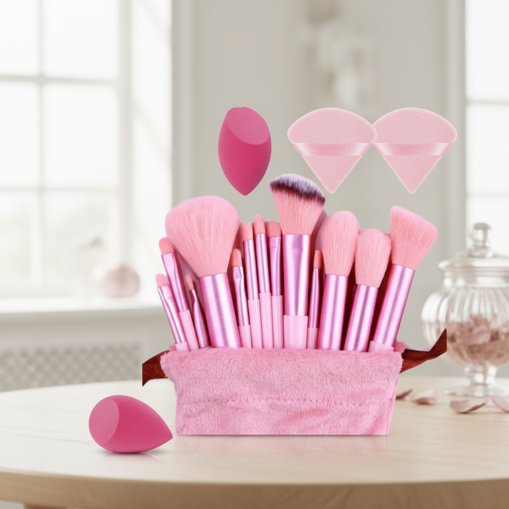 Kit de 13 Peças Rosa com 2 Esponjas Triangulares Rosa e 1 Batedor Angulado Vermelho Rosa para Meninas, Conjunto