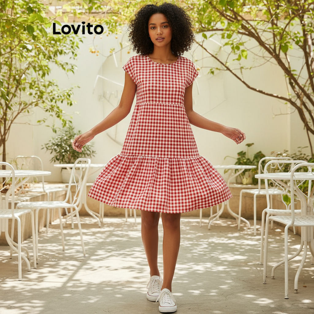 Lovito Vestido feminino casual com estampa xadrez e botões em camadas L120ED1379 em Oferta na Shopee