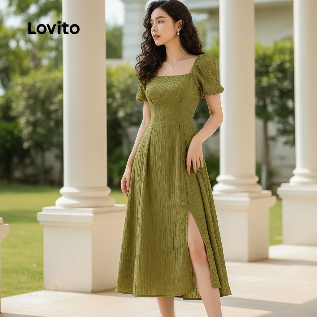 Lovito Refine Vestido Casual Jacquard Liso Frente Dividida Verão Primavera Amarelo Mostarda Feminino LBL25242