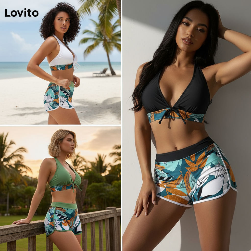 Lovito Conjunto de Biquíni Sexy com Plantas e Laço para Verão Feminino LNL36108 (Branco/Verde/Preto) em Oferta na Shopee