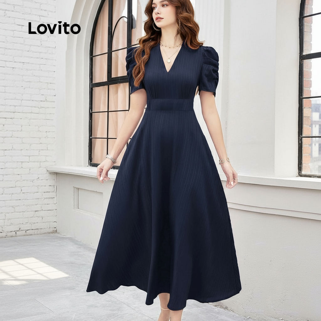 Lovito Refine Vestido Com Zíper Elegante Azul Escuro Para Mulheres Primavera/verão LBL28112 em Oferta na Shopee