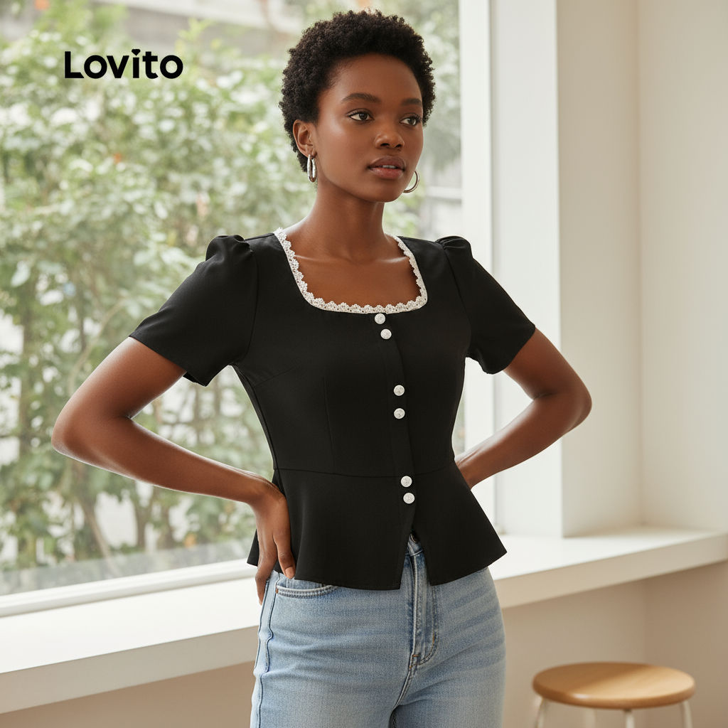Lovito Camisa Feminina Preta Sofisticada com Babado Decote Botões e Abertura Primavera Verão L137ED258 em Oferta na Shopee