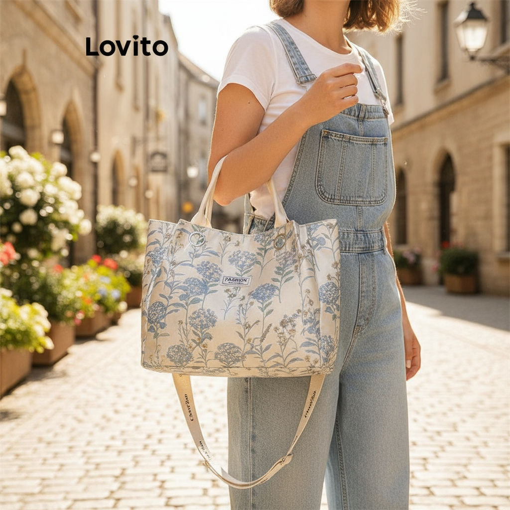Lovito Sacola Casual com bordado Floral e grande capacidade para mulheres LFA73044 em Oferta na Shopee
