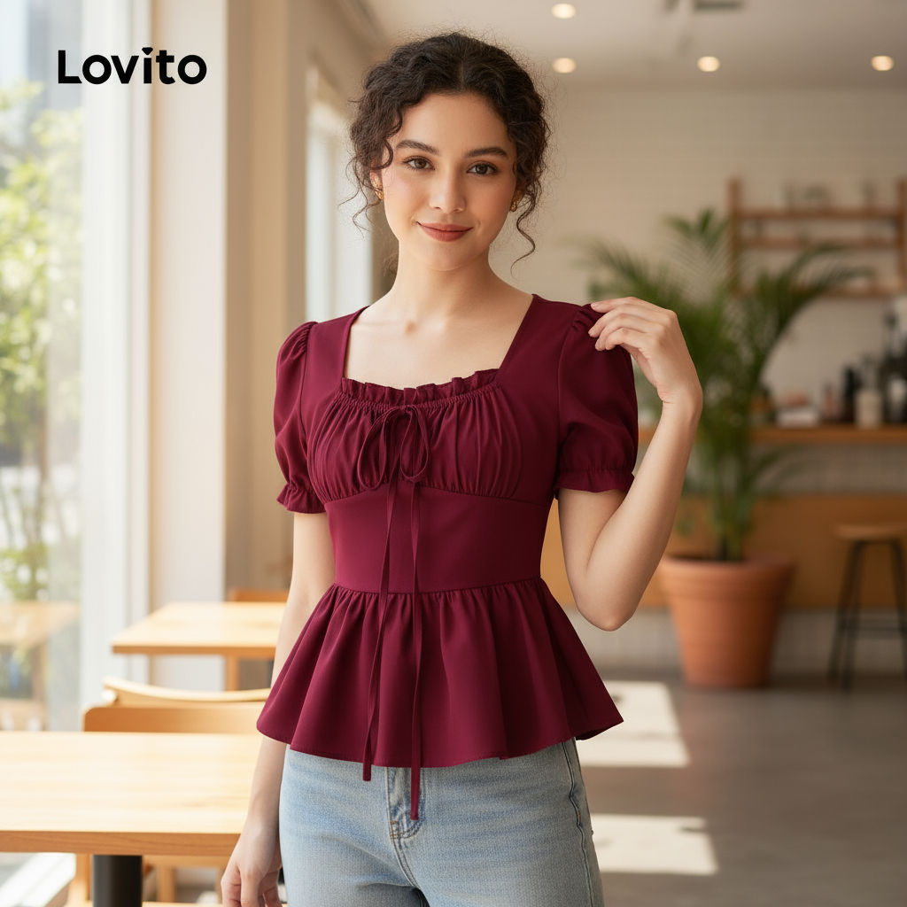 Blusa Casual Lovito com Amarração Frontal e Borda de Alface para Primavera Verão L158ED1152 em Oferta na Shopee