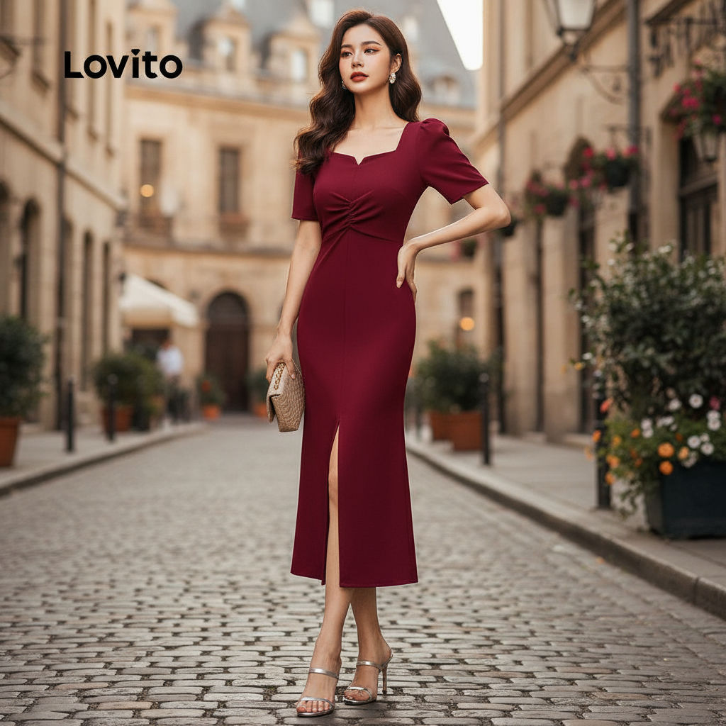Lovito Refine Vestido Sofisticado com Abertura Frontal Primavera Verão Vermelho Feminino L155ED103 em Oferta na Shopee