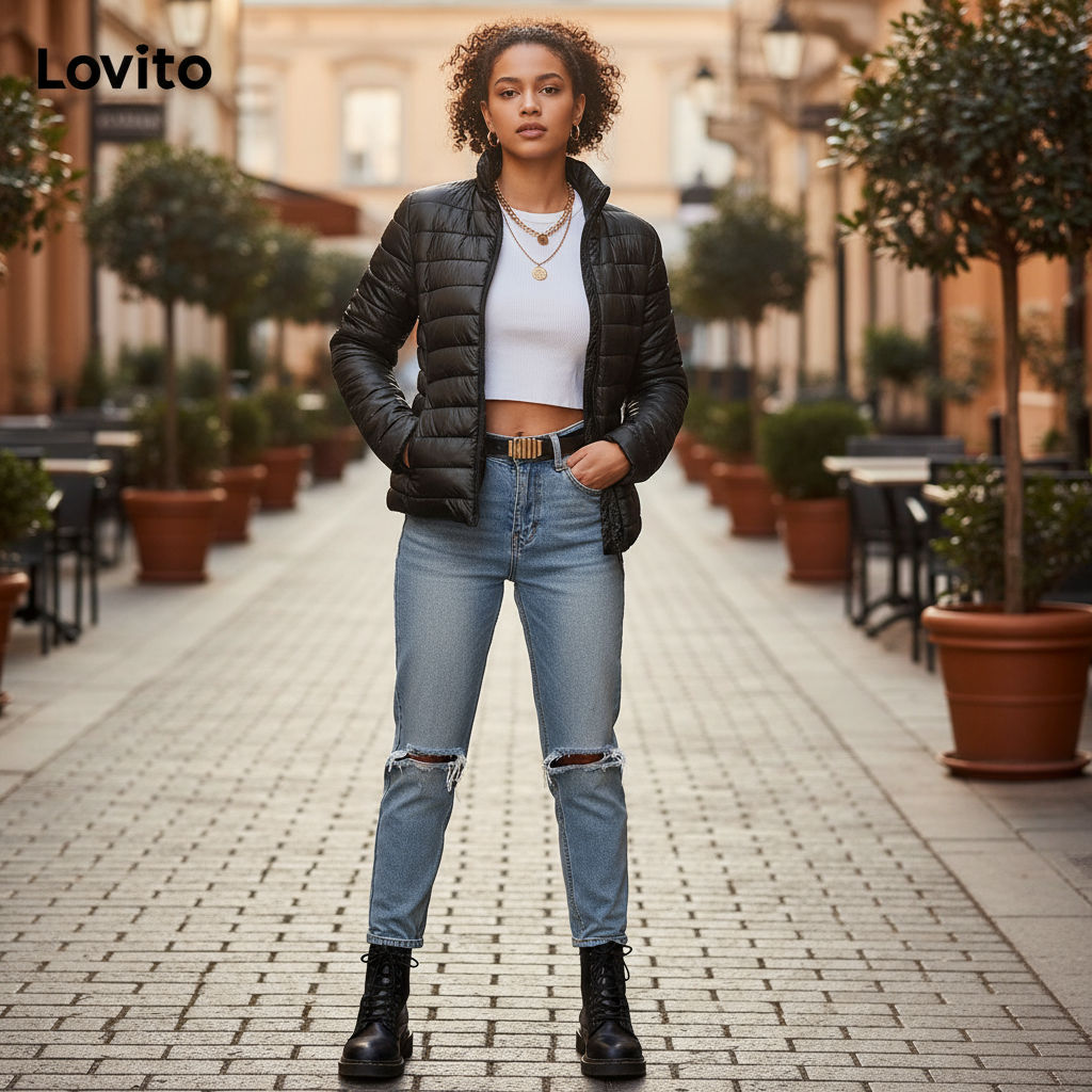 Lovito Casaco Feminino Casual Bolsos Simples LNL99575 em Oferta na Shopee