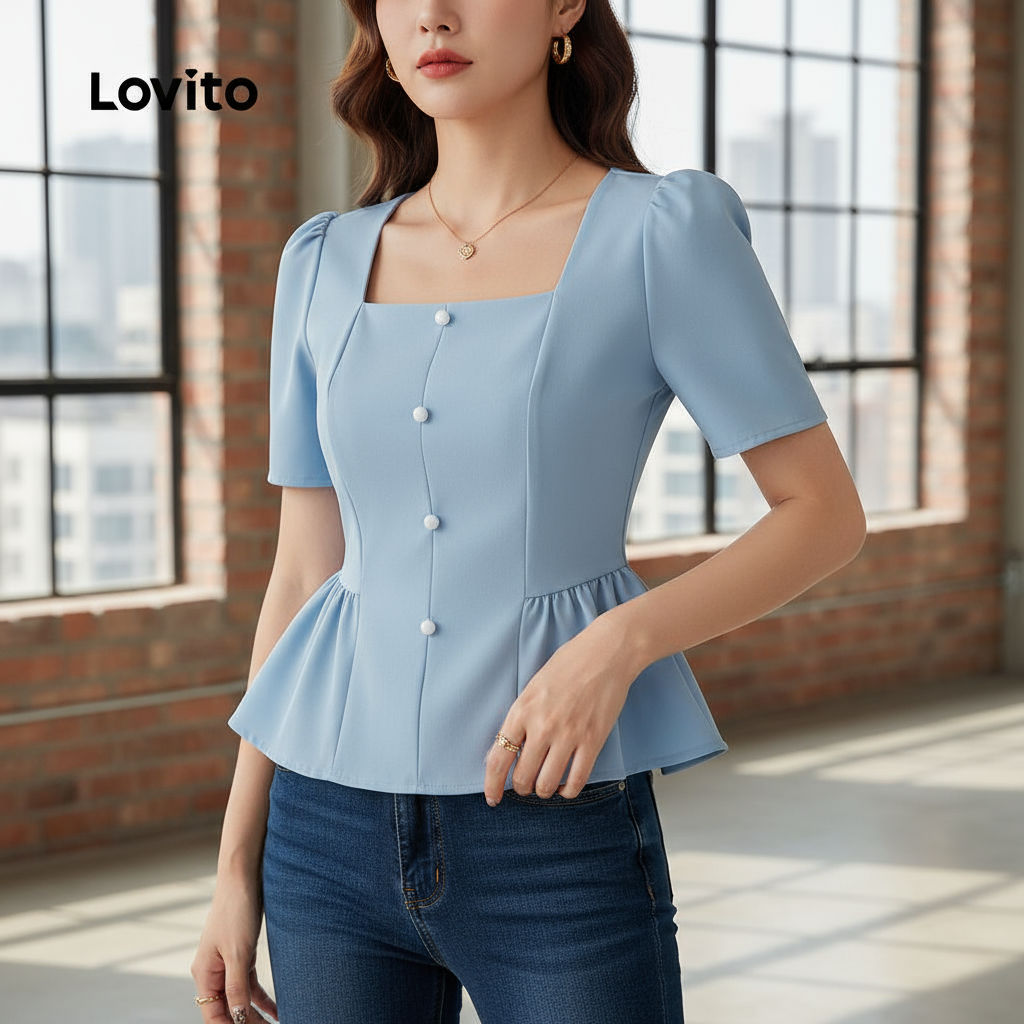 Lovito Blusa Azul Sofisticada Com Botões Lisos E Botões Para Mulheres L134ED1035