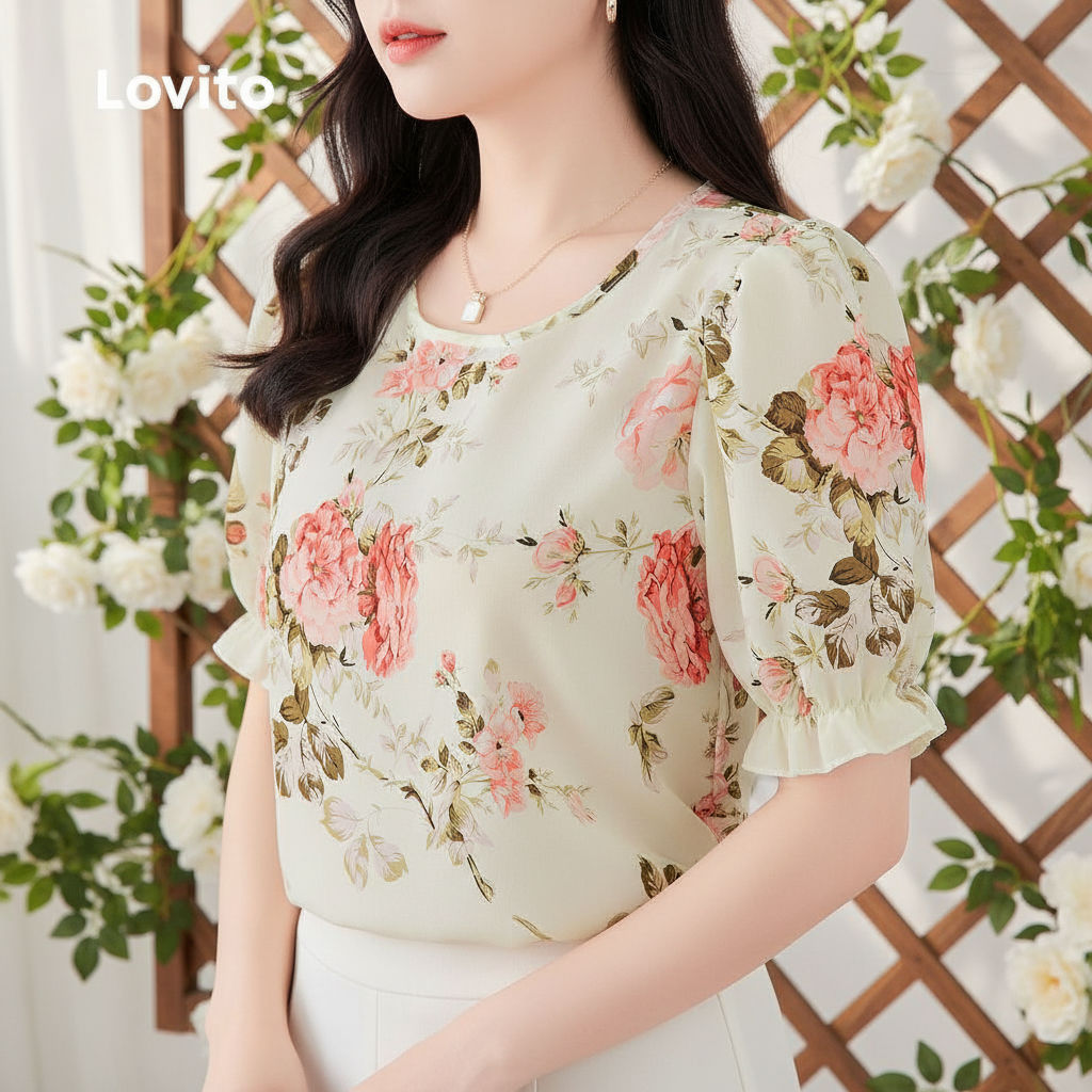 Lovito Blusa Feminina Boho com Babados Primavera/Verão L157ED014 em Oferta na Shopee