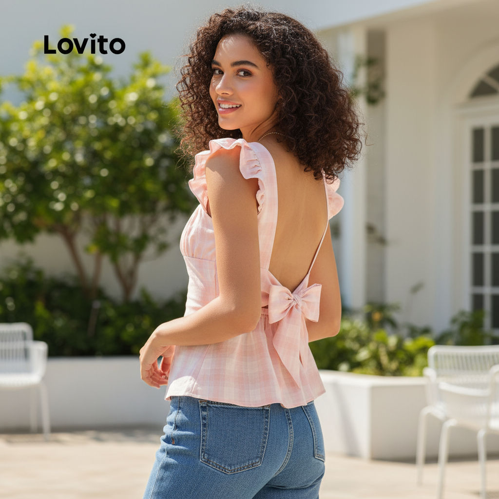 Lovito Férias Blusa Rosa Feminina com Laço Delicado Fresca e Confortável para Primavera/Verão L139AD384