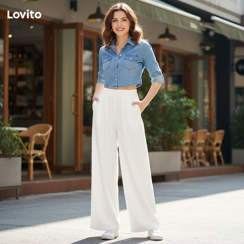 Lovito Calça Feminina Plissada Lisa Casual LNE59439 em Oferta na Shopee