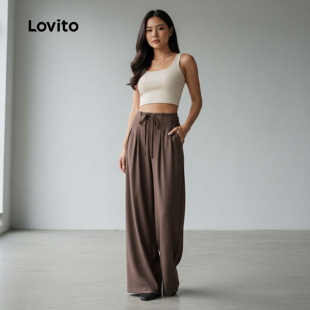 Lovito Calça Feminina com Renda e Zíper Marrom em Todas as Estações LBL27164 em Oferta na Shopee