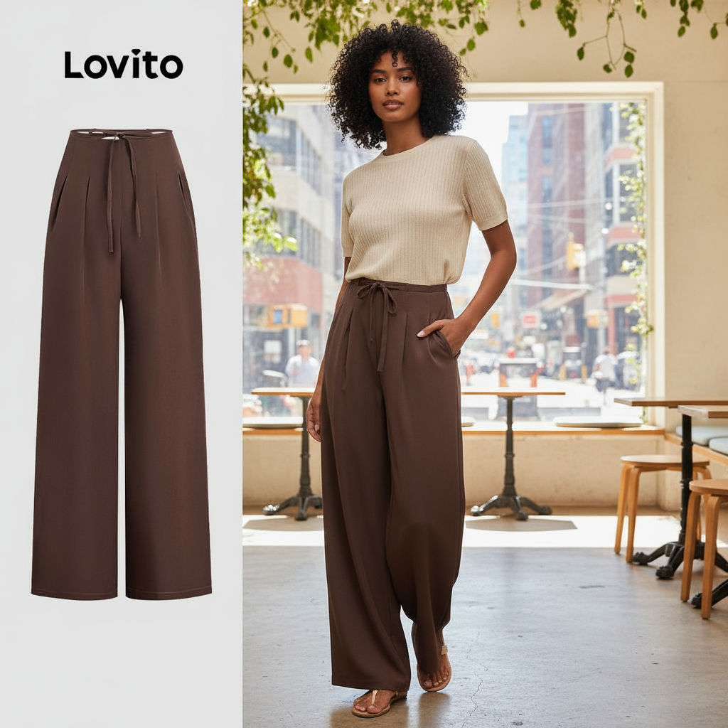 Lovito Calça Feminina com Renda e Zíper em Todas as Estações Marrom LBL27164 em Oferta na Shopee