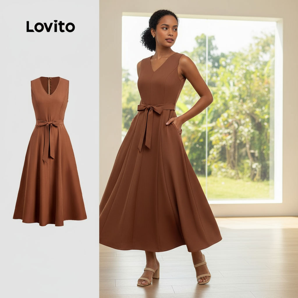 Lovito Refine Vestido Feminino Elegante com Cinto Marrom para Primavera e Verão LBL28336