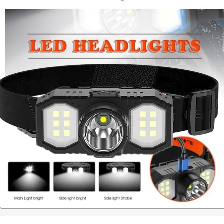 Farol de Cabeça LED COB Potente, Lanterna Portátil Recarregável por USB, 3 Modos de Iluminação, Luz Frontal para Tocha