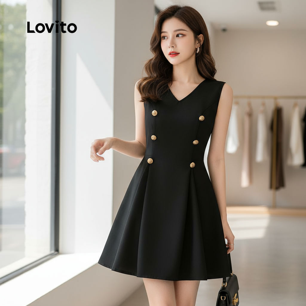 Lovito Vestido sofisticado com botões duplos para Primavera e Verão, cor preta, para mulheres L142LD384