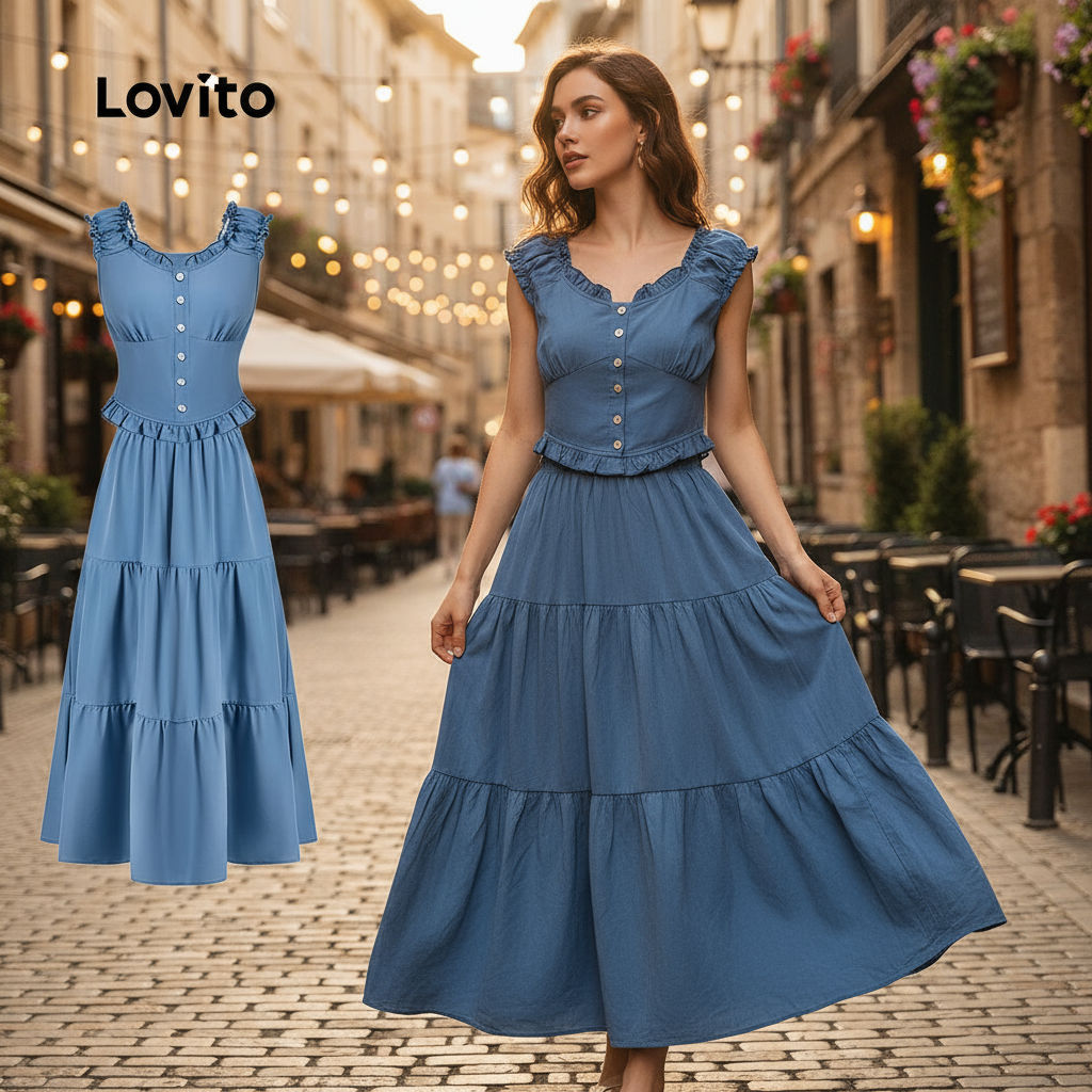 Lovito Blusa Ou Calça Azul Casual Com Babados Toque Macio Versátil Para Mulheres LBL26013 em Oferta na Shopee