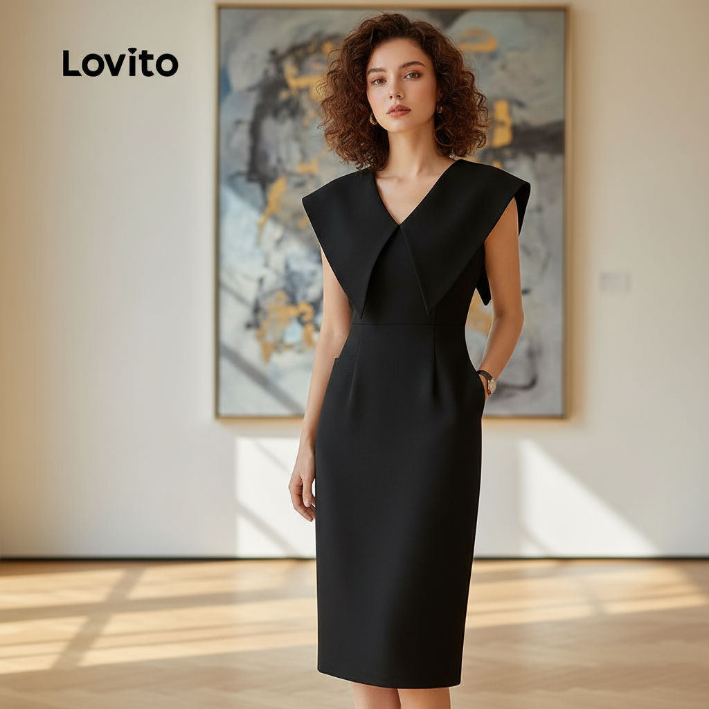Lovito Refine Vestido Elegante Retro para Trabalho com Bolso Primavera/verão Preto para Mulheres L142ED694 em Oferta na Shopee