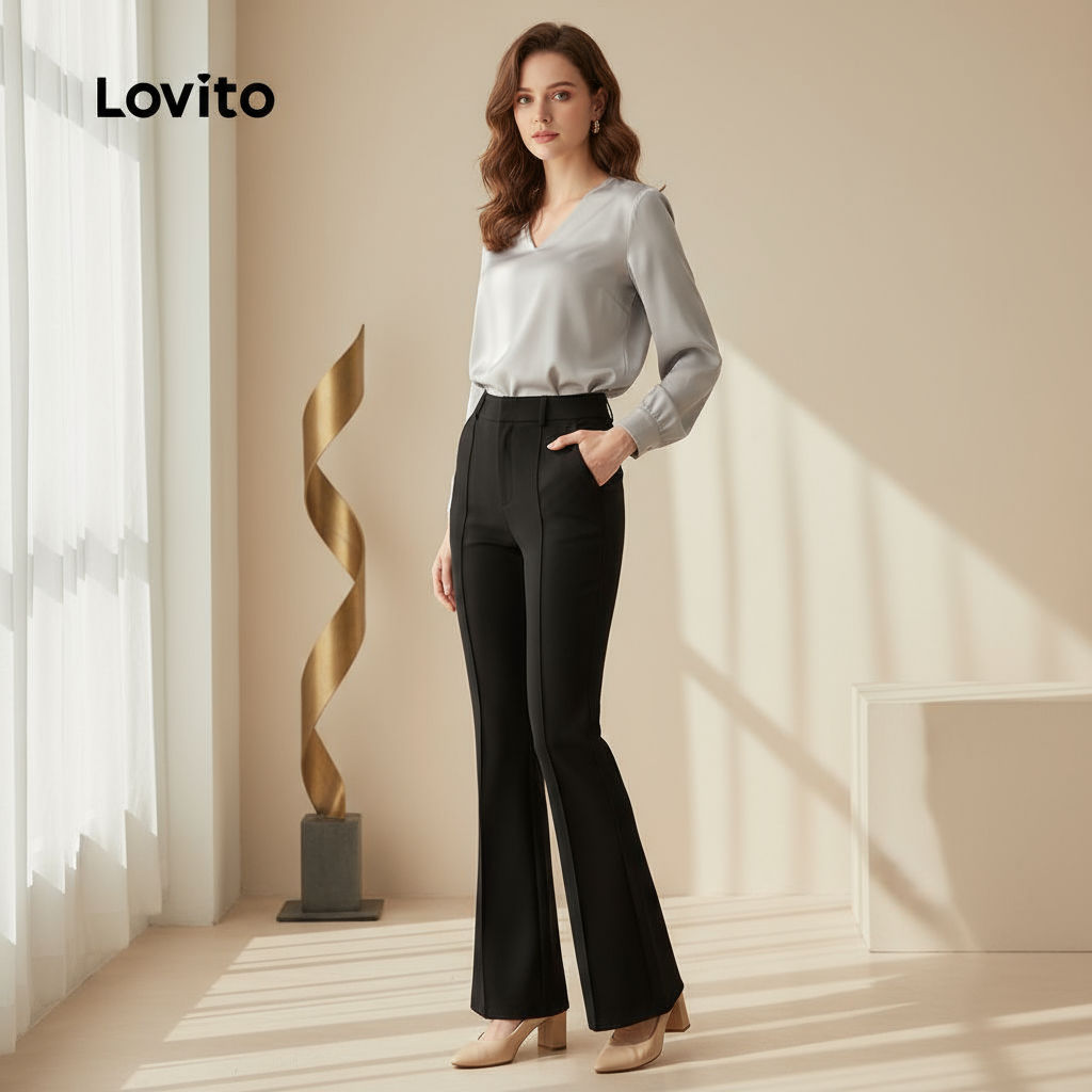 Lovito Calças sofisticadas de botão liso para mulheres L131LD1097 em Oferta na Shopee