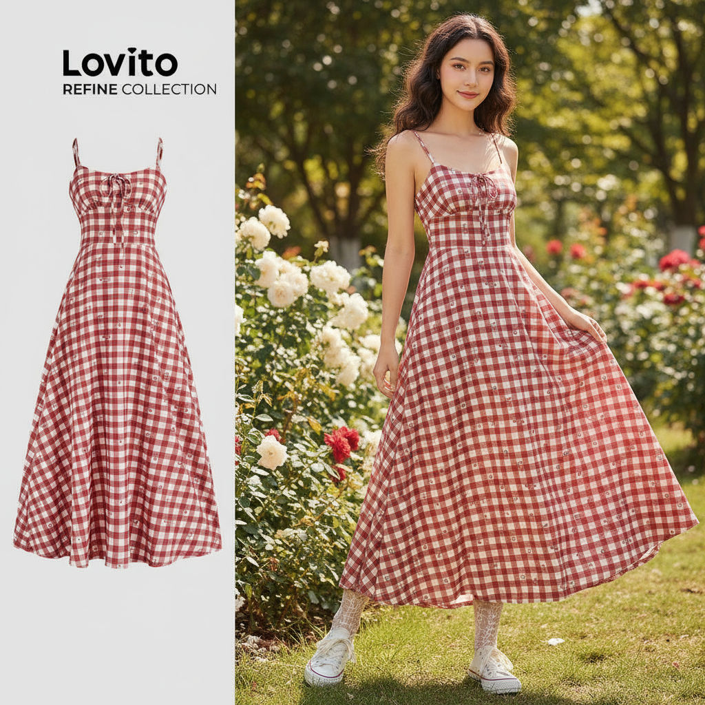 Lovito Refine Vestido Feminino Xadrez com Laço Frontal, Modelinho Primavera/Verão LR2AD007 em Oferta na Shopee