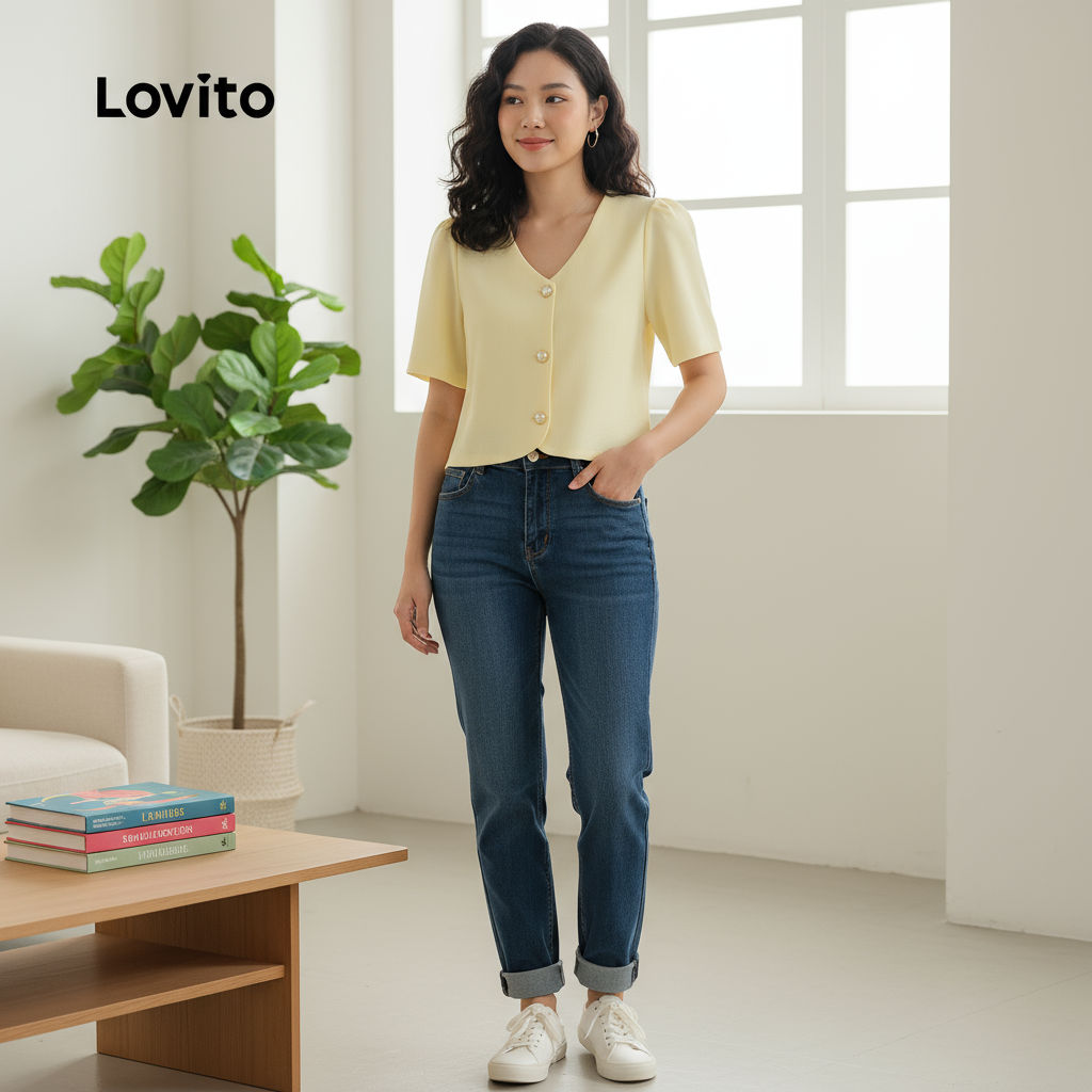 Lovito Blusa Feminina Elegante Amarela Com Botões Frontais Para Primavera Verão L137LD167 em Oferta na Shopee