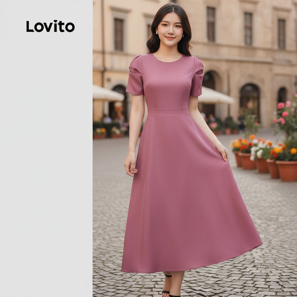 Lovito Vestido feminino Casual com Pregas, Primavera/Verão, Cinza e Rosa, Ref. L158ED469 em Oferta na Shopee