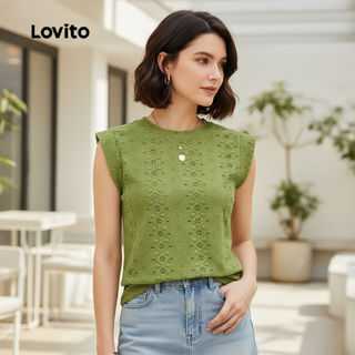 Lovito Casual Blusa com Colar Contrastante Estilo Clássico e Versátil Verde para Primavera/Verão Feminina L150AD700
