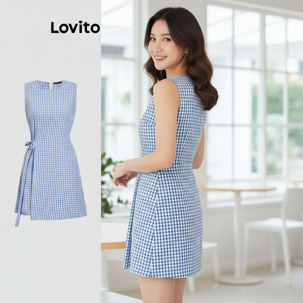 Lovito Refine Vestido Feminino Casual Verão Primavera Guingão Gravata Frontal 2 Em 1 L177AD416 em Oferta na Shopee