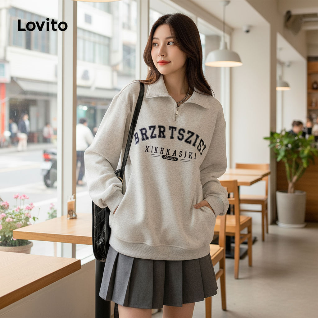 Lovito Casaco de Zíper Liso para Mulheres LNA70581 em Oferta na Shopee