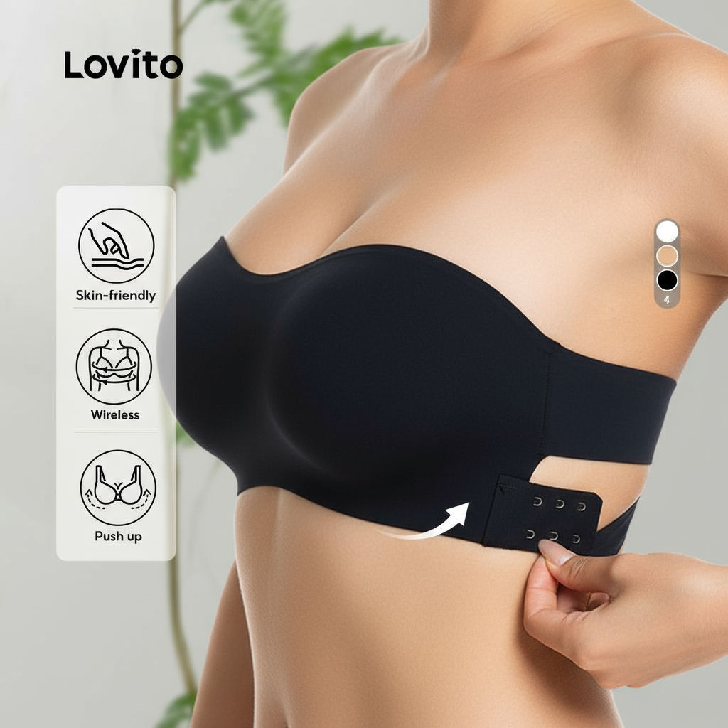 Lovito Bralette Feminino Casual Sem Arame de Fibra Natural Preto Push-up Cruzado LNE117002 em Oferta na Shopee